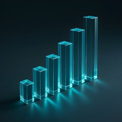 Modern 3D render of glowing blue glass blocks in ascending order, symbolizing business growth, financial progress, and technology innovation on a dark background