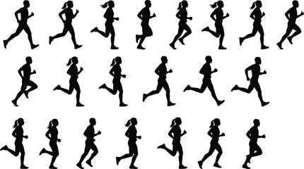 Continuous Action of People Running, Marathon Training and Fitness Race, Jogging Silhouettes Set, Vector Collection for Athletic and Healthy Lifestyle Design Elements.