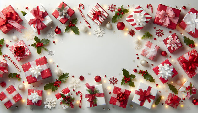 Christmas Banner on White Background with Gifts, Lights, Baubles & Festive Decor