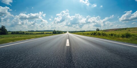 Paved roadway with a cloudy sky backdrop, ideal for editorial header backgrounds or text layouts