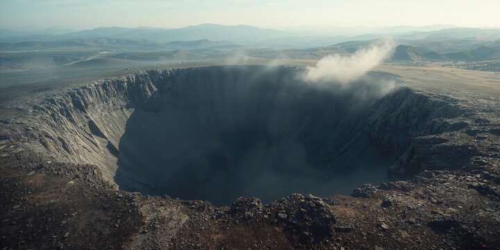 Ground impact crater from explosive device or meteor, illustrating erosion and geological change