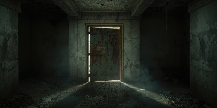 Cold war bomb shelter with reinforced walls and limited lighting, designed for safety and durability, Earth Day