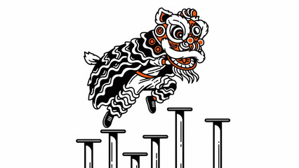 Traditional Chinese Lion Dance Performance on Poles Illustration for Cultural Celebrations