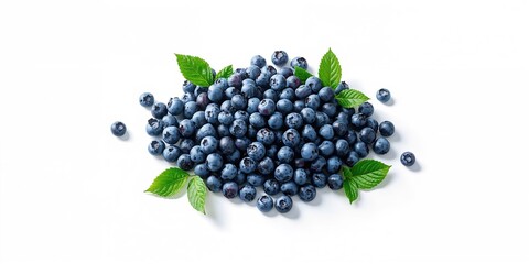 Fresh blueberries and foliage displayed on a plain white surface, emphasizing natural produce
