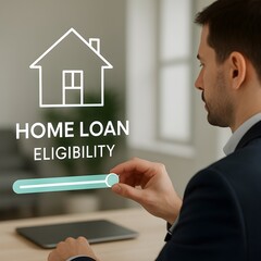 Modern business professional using a futuristic virtual interface to check home loan eligibility. Fintech concept for mortgage, banking, and real estate technology in a bright, contemporary office.