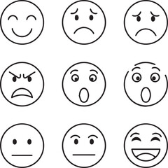 Facial Expression Icons. Facial expressions. Line icon set of facial expressions happy face, sad face, angry face, surprised face, neutral face, laughing with white background
