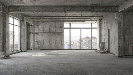 Obraz premium Apartment remodeling underway with exposed concrete surfaces and window installations, focusing on safety compliance