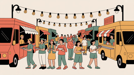 Diverse crowd enjoying street food from colorful trucks at an outdoor festival illustrated in a flat modern style with string lights overhead