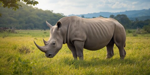 Obraz premium A rhinoceros grazing on grass in a natural setting, wildlife conservation awareness