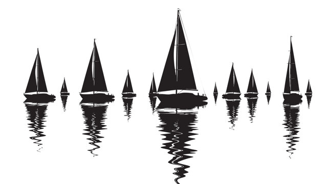 Black silhouettes of various sailboats and yacht boats with their abstract wavy reflections floating calmly on the water surface
