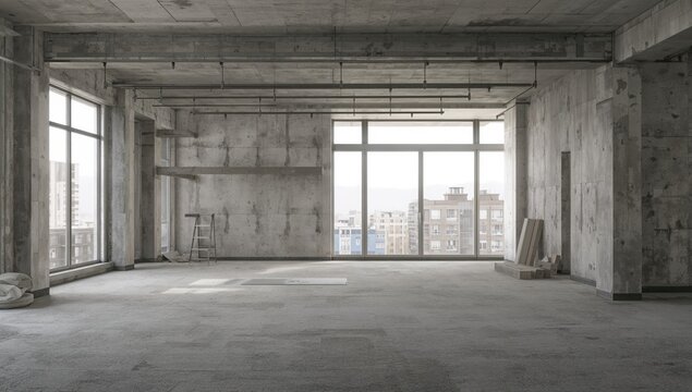 Apartment remodeling underway with exposed concrete surfaces and window installations, focusing on safety compliance