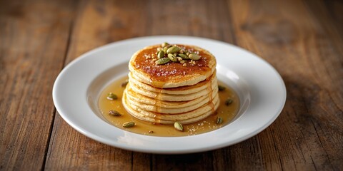 Fresh sweet pancakes topped with pistachios and poppy seeds, ideal for breakfast presentation
