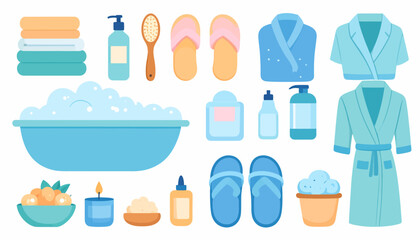 A collection of bath and spa items including a tub, towels, bathrobes, and toiletries for personal care.