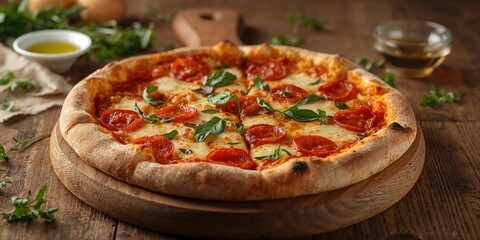 Close-up of a pizza on a wooden board, Italian cuisine and food preparation techniques