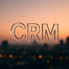 CRM 3D text on a blurred city skyline at sunset. Concept for customer relationship management, business technology, and marketing automation.
