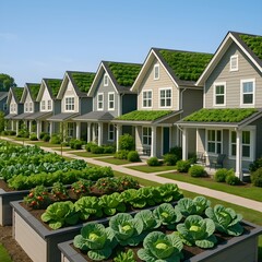 Picturesque row of modern homes with green roofs and raised vegetable gardens representing sustainable community living