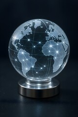 Futuristic crystal globe with a luminous world map, symbolizing global business, communication, and technology. A concept of international networking and connectivity.