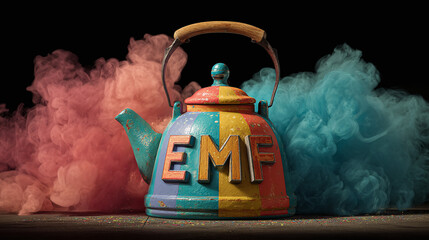 A vibrant teapot with colorful smoke, creating an artistic and surreal scene