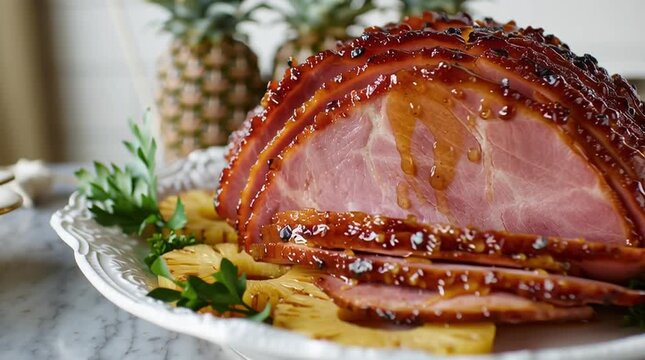 Glazed holiday ham sliced with pineapple rings and parsley garnish