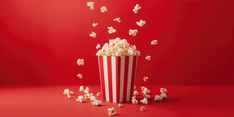 A box of fluffy popcorn with a classic striped design serving as a snack food display, food textures