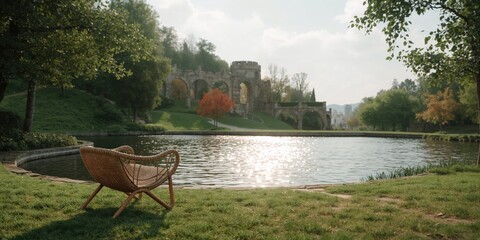 Armless chair positioned by a lakeside or riverbank serving as a relaxation spot