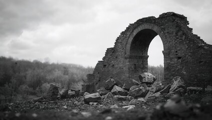 Monochrome image of a deteriorated brick arch with scattered rubble and rocks, highlighting aging architecture and preservation challenges