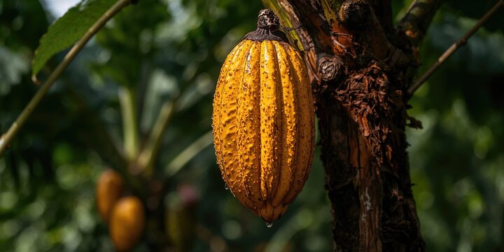 Close-up of cocoa pods hanging on a tree in a cocoa plantation, sustainable agriculture practices