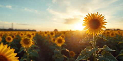 Extensive sunflower landscape at dusk, highlights agricultural harvest season and natural beauty, summer awareness
