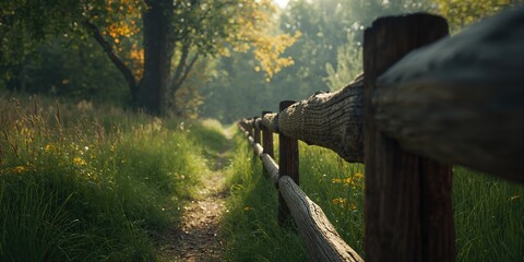 Rustic wooden fence bordering a narrow forest path, highlighting natural textures for landscape maintenance, Earth Day