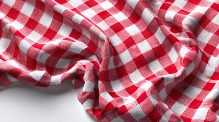 A close-up shot of a red and white checkered tablecloth with soft folds, creating a dynamic visual effect.