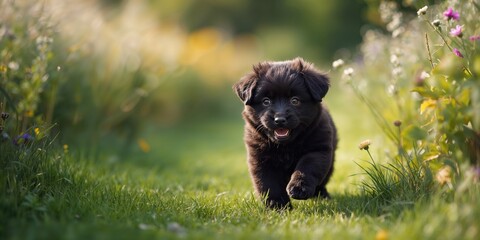 Small black dog exploring an outdoor environment, focused on activity and nature