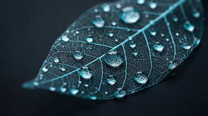 Leaf glowing with a faint bioluminescent blue light against a deep matte charcoal background. Water droplets on the surface act as lenses, magnifying the texture.