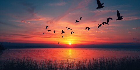Birds' dark outlines against a vibrant sunset sky over a lake, ideal for background or layout design