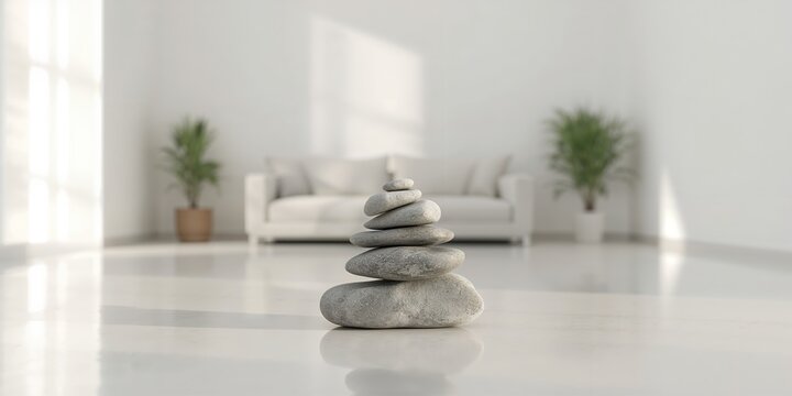 Feng Shui stone cairn in the foreground, blurry living room background, interior harmony and relaxation