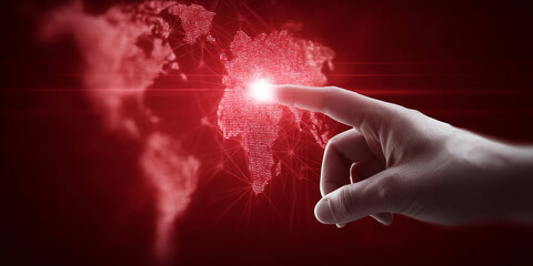Finger interacting with a glowing digital world map, highlighting data points and global news on a red technological interface
