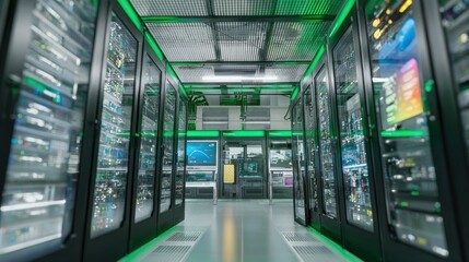 Medium shot of a green data center control room featuring advanced resourceefficient technology and ecoconscious infrastructure.