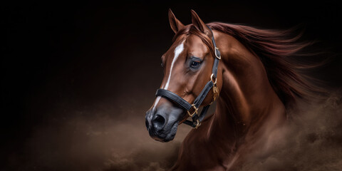 Obraz premium Arabian stallion portrait with flying mane and dust