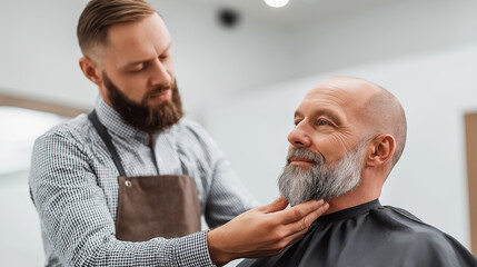 Fototapeta premium Barber examining groomed grey beard of a smiling senior man. Customers enjoying professional mens styling and beard care at salon