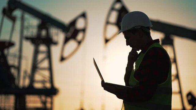 Engineer checks laptop at oil rig silhouette with pumpjack in sunset while worker monitors industry operation and energy production in field for inspection and data logging of equipment status check