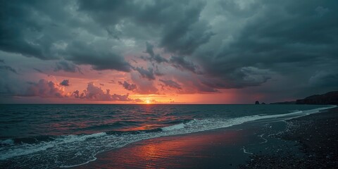 Scenic coastal scene with a dark overcast sky and vibrant sunset after a storm, weather change and natural beauty, Earth Day