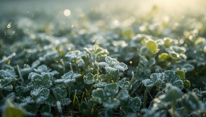 Morning frost on clover in fall, natural weather pattern