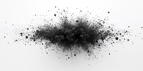 Fototapeta premium Dark particles scattered against a white backdrop, illustrating physical fragmentation and material loss