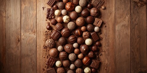 Variety of high-quality chocolates displayed on a textured wooden background, ideal for gourmet confectionery presentation