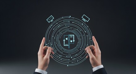 Digital transformation concept with hands and data visualization on black background