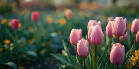 Blooming pink tulip flowers in late spring, suitable for seasonal garden backdrop