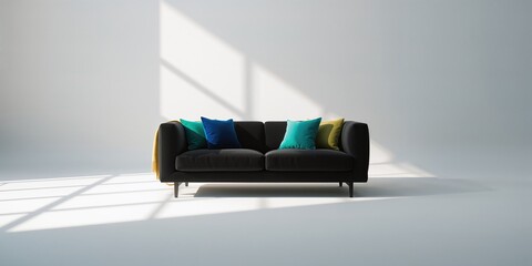 Black sofa with pillows and blanket, suitable for interior styling, highlighting casual home furnishing, no holiday or observance
