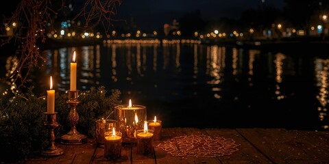 Black candlelit setting at midnight near the river with city glow, highlighting decorative illumination for Christmas