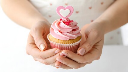 Hands Holding a Small Cupcake with Heart Topper – Romantic Dessert Close-Up on White Background