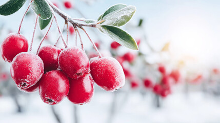 Red cotoneaster berries on a branch frosted with ice, catching the warm glow of morning sunlight in a cold winter landscape