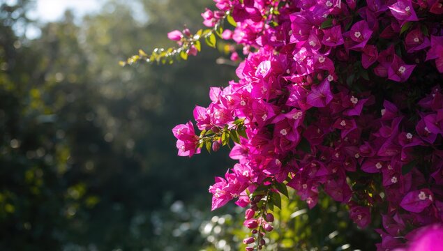 Bright bougainvillea plants in a lush garden, ornamental flowering shrubs for landscape design, World Environment Day